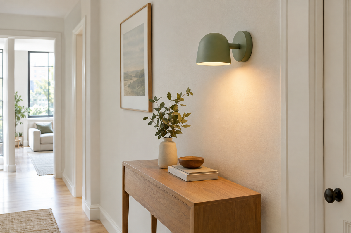 Applique murale sans fil rechargeable fixée sur un mur lisse au-dessus d'une console, sans câble apparent
