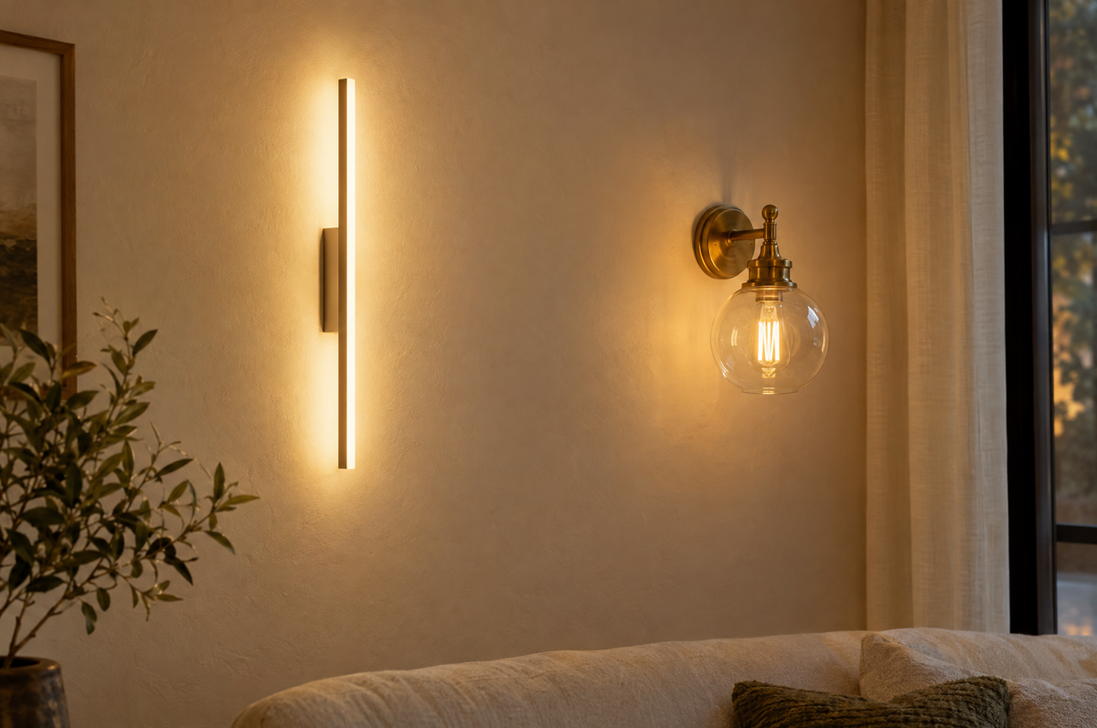 Deux appliques murales côte à côte sur un mur clair, l'une plate à LED intégrée, l'autre en verre avec une ampoule visible Image