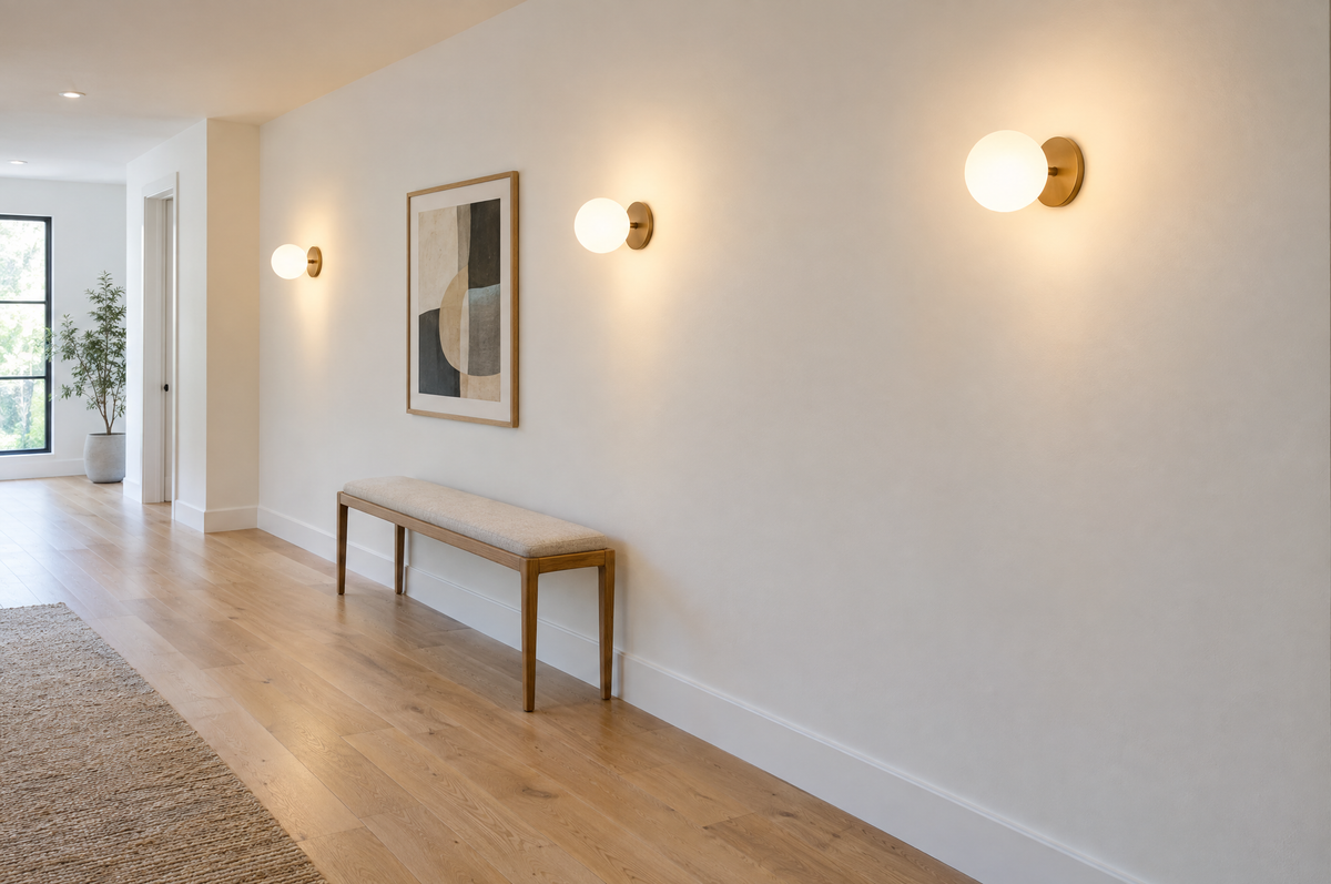 Couloir lumineux éclairé par trois appliques murales identiques régulièrement espacées sur un mur blanc Image