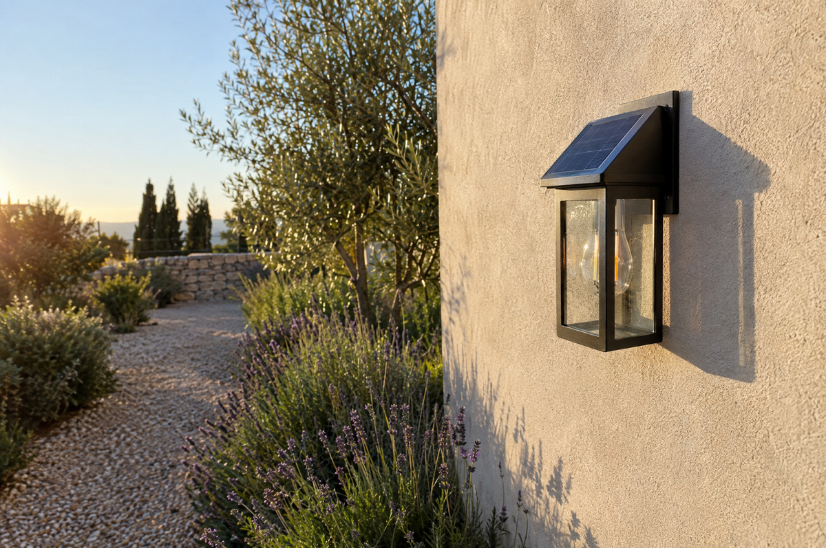 Applique murale solaire avec petit panneau photovoltaïque fixée sur un mur extérieur ensoleillé près d'une allée de jardin Image