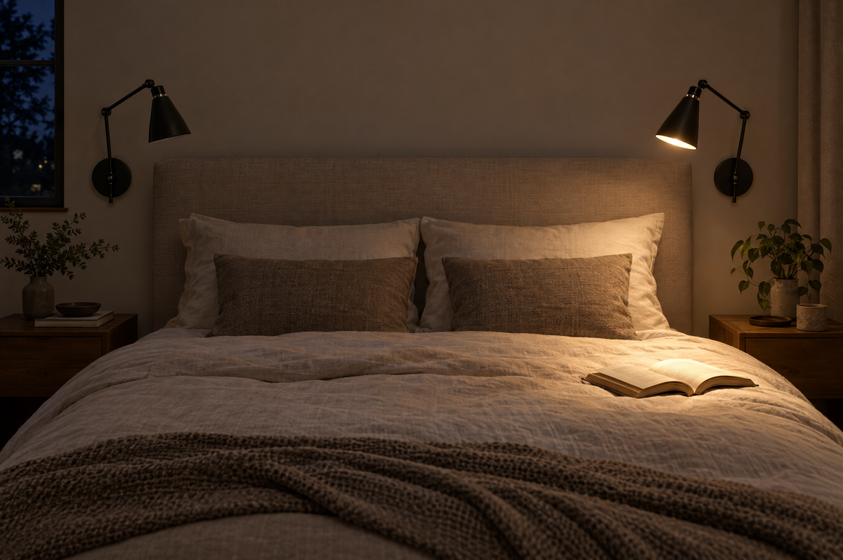 Deux appliques liseuses noires à bras articulé de part et d'autre d'une tête de lit Image