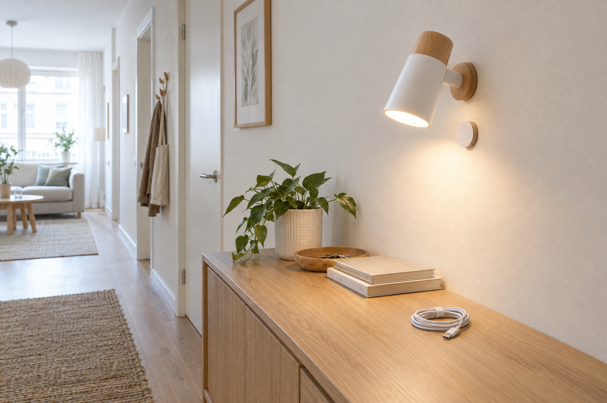 Applique murale sans fil rechargeable blanche et bois dans une entrée, sans câble au mur Image