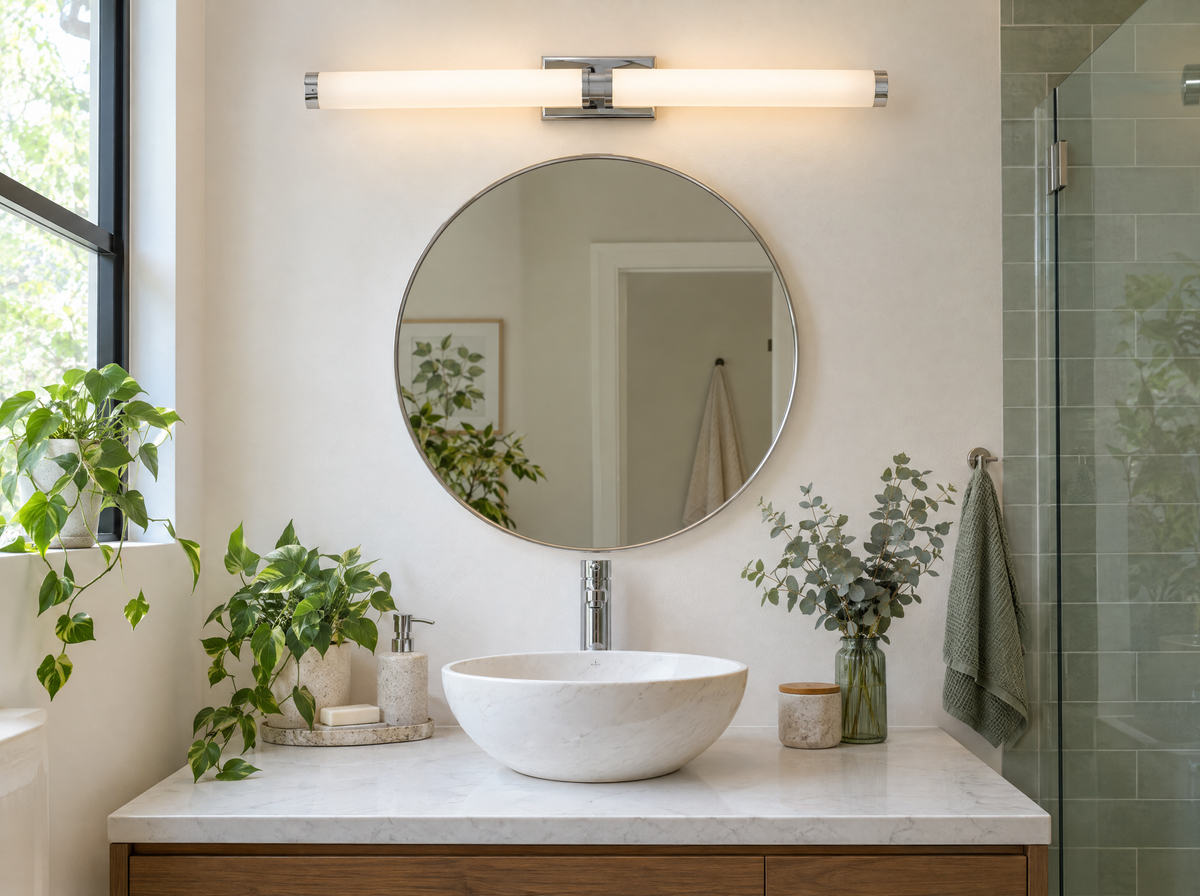 Réglette murale chromée au-dessus d'un miroir rond de salle de bain